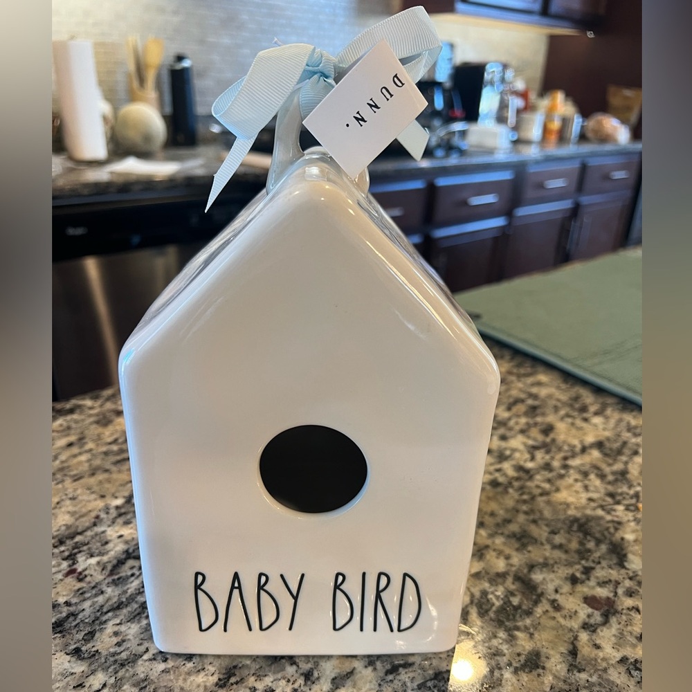Rae Dunn White Ceramic Baby Birdhouse with Blue Ribbon